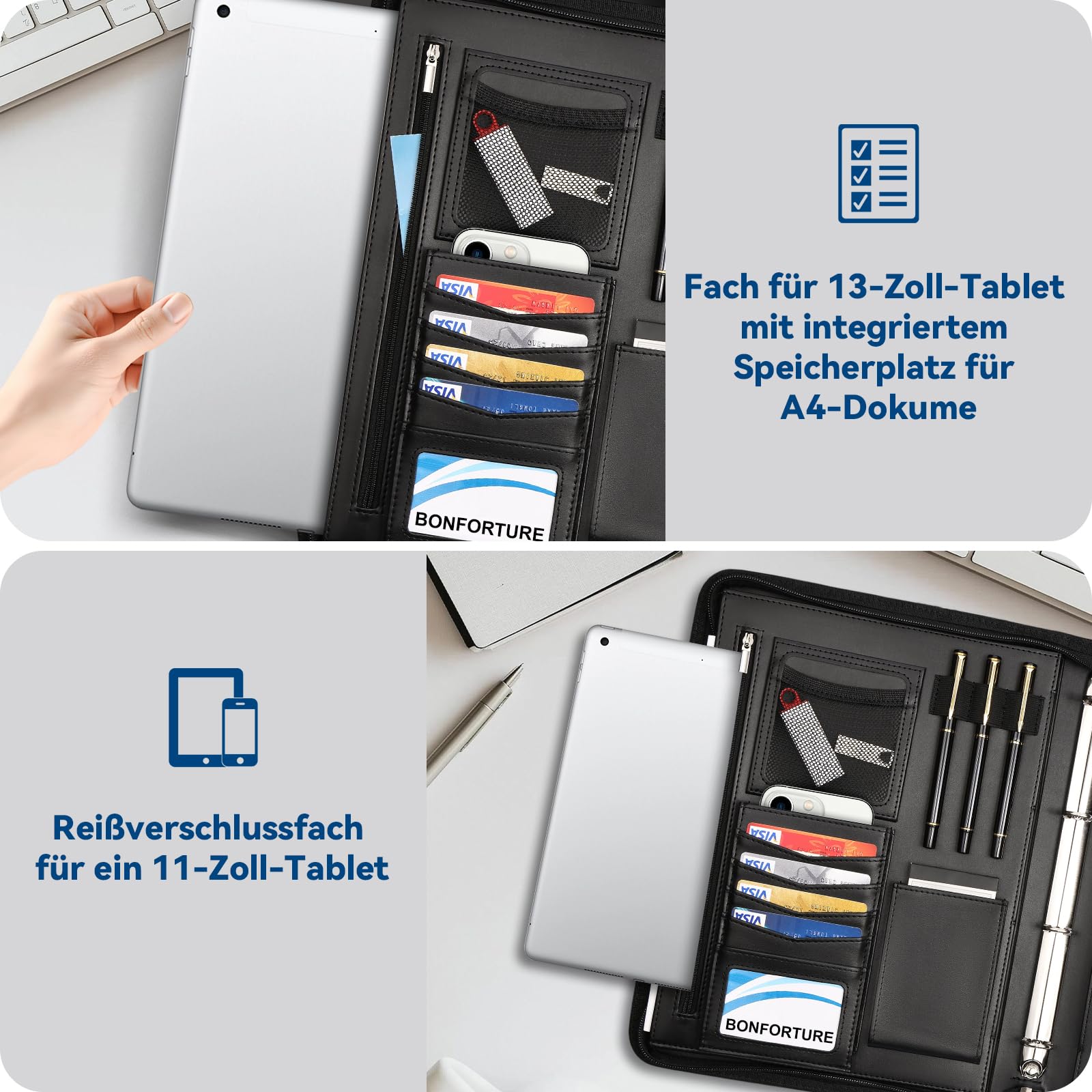 Schreibmappe A4 mit 5er Register, Konferenzmappe mit 4 Ringbuch Reißverschluss Griff Klemmbrett Notizblock Stift, Dokumentenmappe Aktenmappe Ordner für Büro Business Uni Schule Schwarz