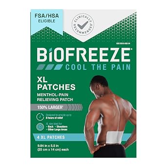 Biofreeze XL Pain Relief Patches, Menthol Pain Patches for Lower Back, Neck, Knee, Shoulder, Comfortable & Flexible Fabric Stays in Place, 4 ct