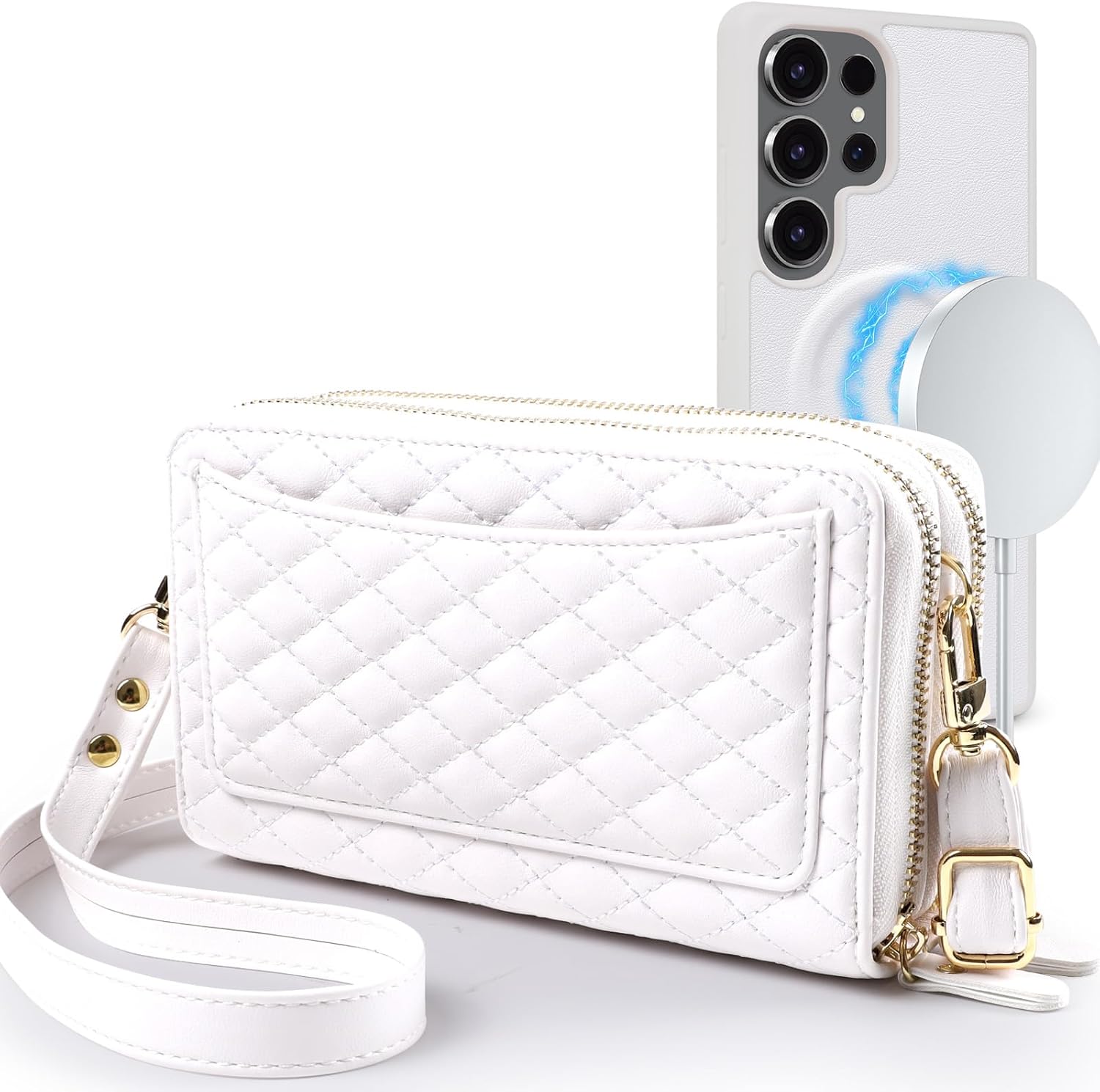 Harryshell Compatible with Samsung Galaxy S25 Ultra Case Wallet Multi Zipper Detachable Removable Cover Purse with Card Slots Holder Mirror Crossbody Strap (Compatible with Magsafe - White)