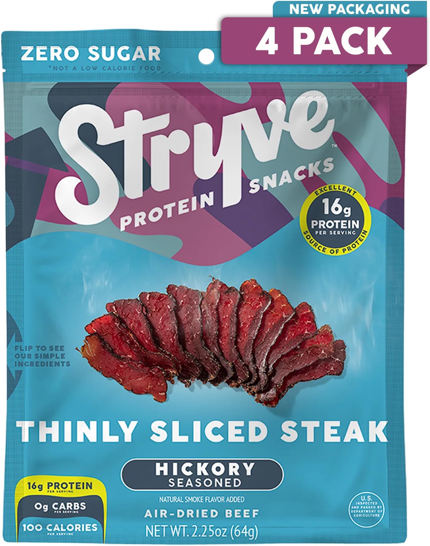 Stryve - Better Than Jerky Steak Snacks Protein Rich, Beef Biltong | 36g Protein, Sugar Free, Carbs Free, Gluten Free, Dairy Free, Keto & Paleo Friendly | Hickory, Pack Of 4