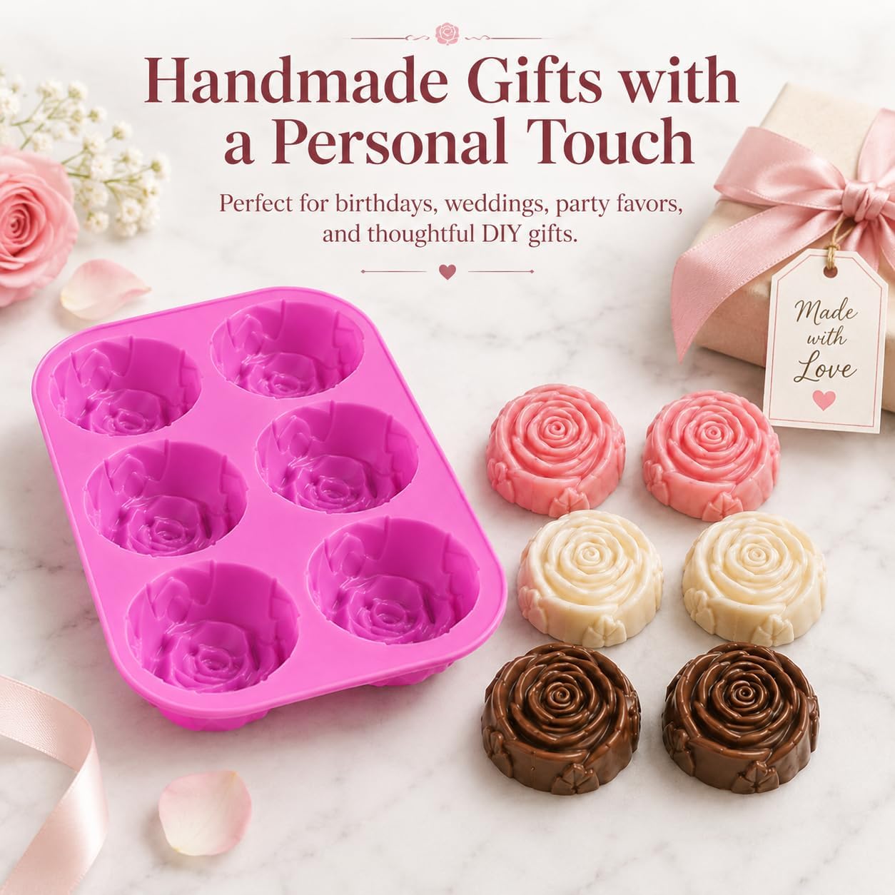 3 Pack Rose Silicone Mold, 6 Cavity Flower Soap Molds for Handmade Soap, Chocolate, Candy, Jelly, Mousse, Gelatin, Ice Cubes, Lotion Bars and DIY Desserts, Pink