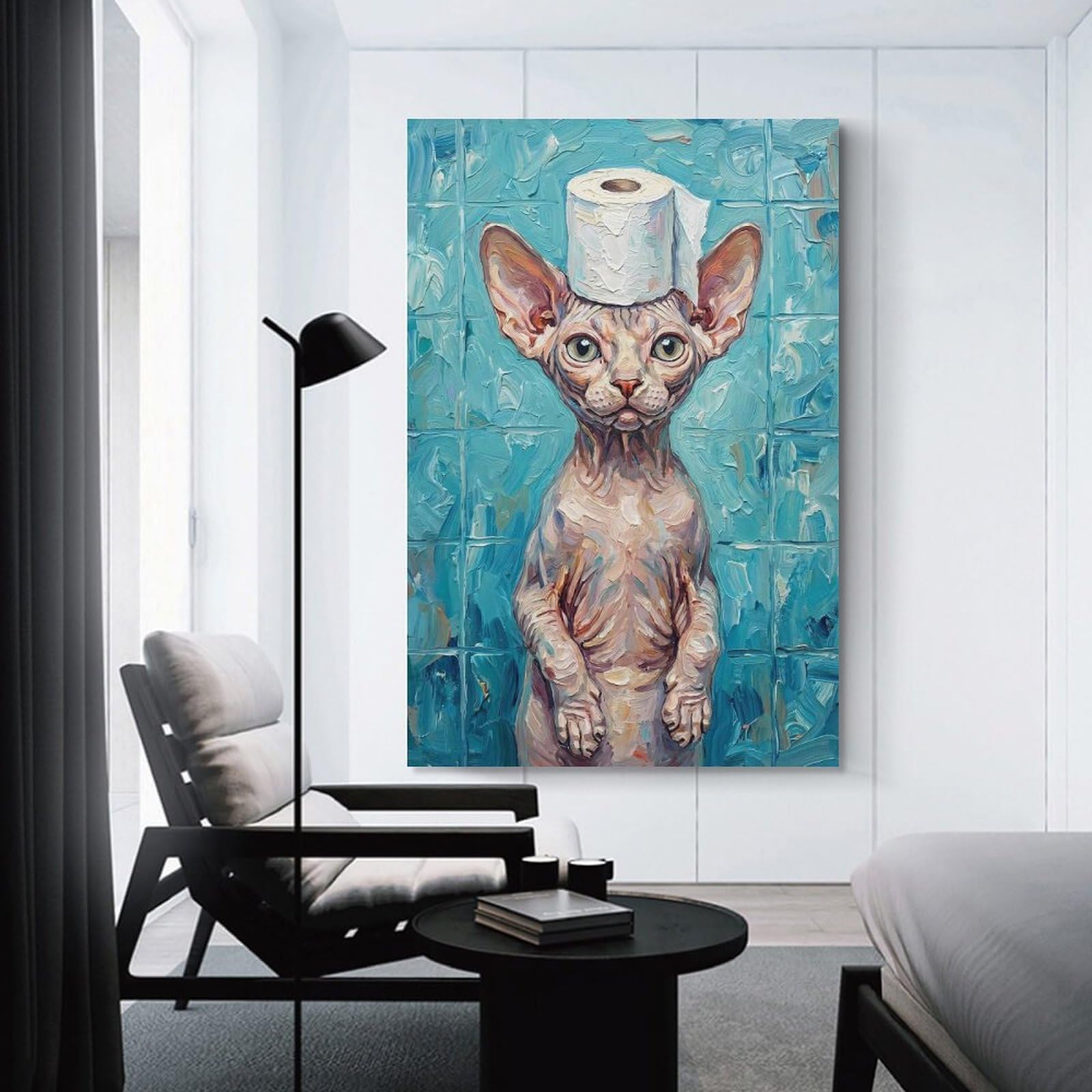 Junmoney Unframe-Style-17 Sphynx Cat With Toilet Paper Hat Canvas Wall Decor 24X36inch(60X90cm), For Bedroom Walls, Guest Spaces Or Lounges, A Warm Accent For Relaxed Interiors