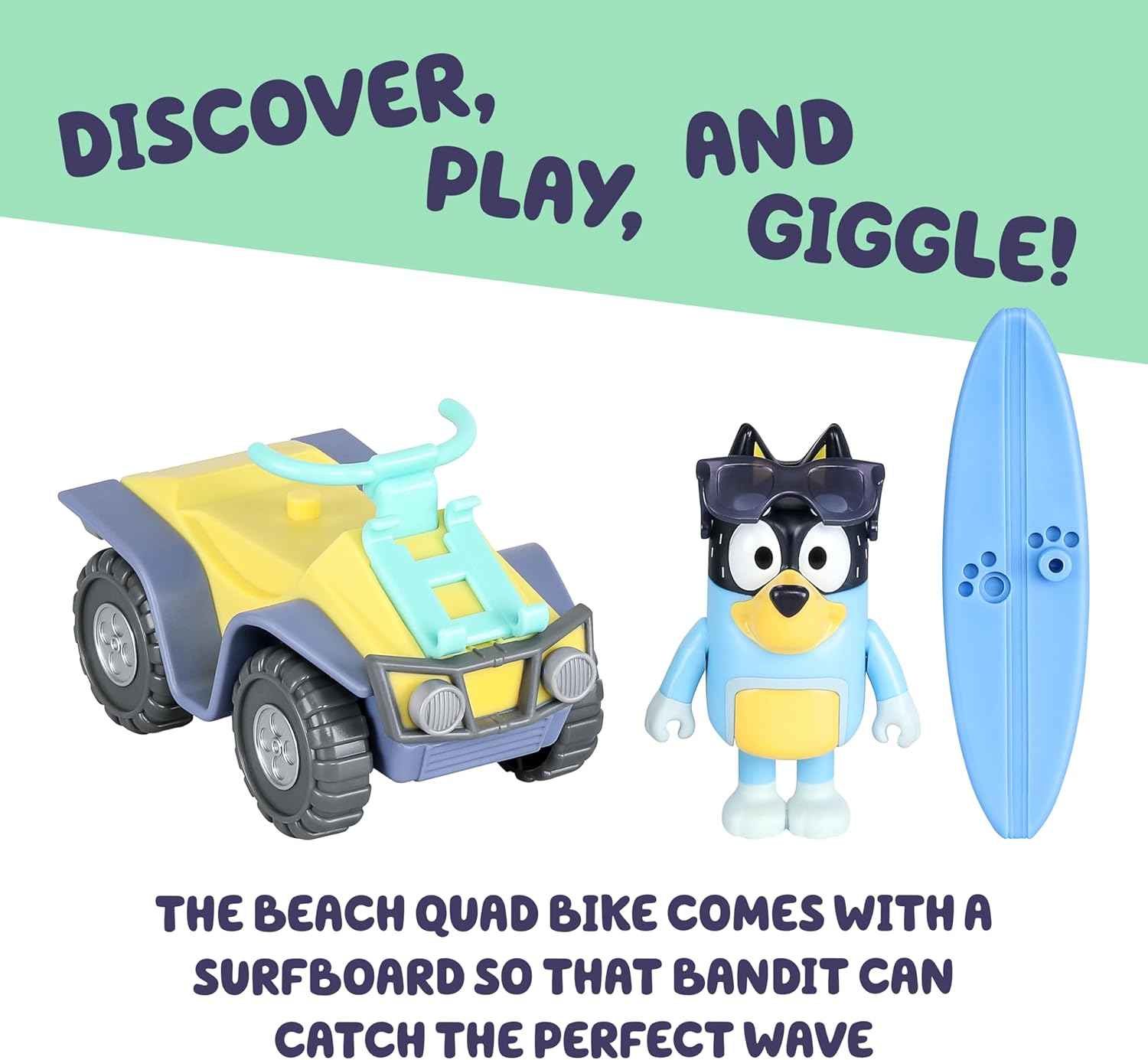 Bluey Bandit Surf Beach Toy Set, Exclusive 3" Poseable Bandit Figure Beach Toy Kit with Sunglasses, Quad Bike & Surfboard Accessories
