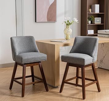 REONEY Counter Height Swivel Bar Stools Set of 2, 26 Upholstered Fabric Barstools with Back and Solid Wood Legs, Mid Century Modern Bar Chair Counter Stool for Kitchen Island Home Bar, Gray