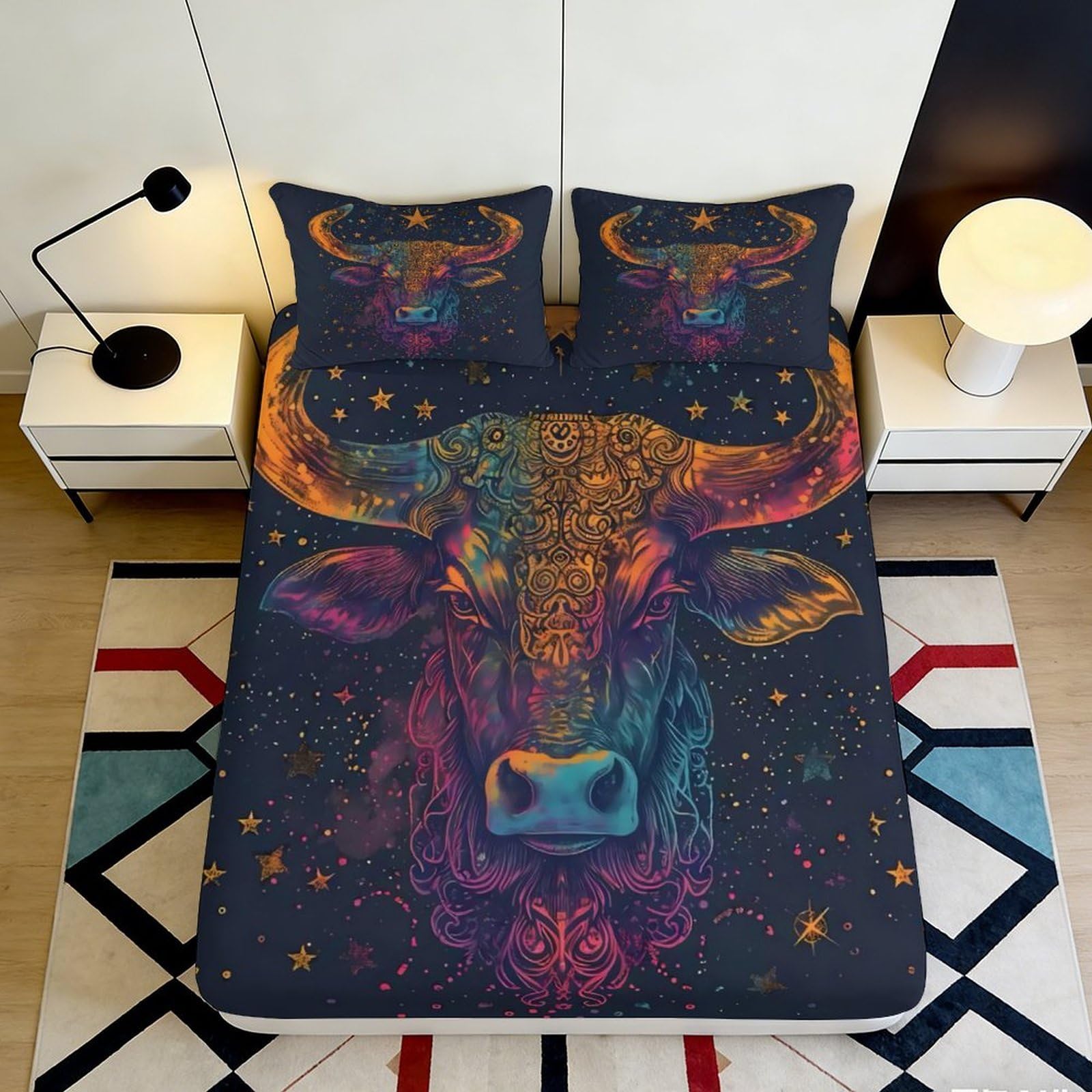 Jqzkxnhpbr Style-1 3D Printed Abstract Bull Fitted Sheet Microfiber Colourful Animal Art Mattress Cover For Bedroom Dorm Decor 90X200x25cm
