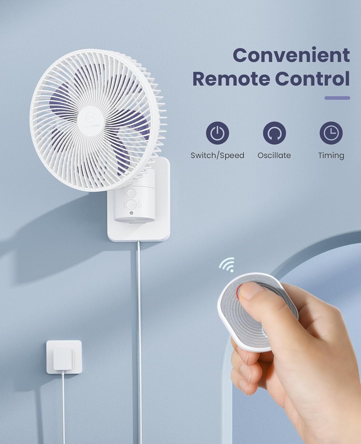 LEMOISTAR 8 Inch Small Wall Mounted RV Fan with Remote Control, 90° Oscillating, 4 Speeds, 4 Timer, Adjustable Tilt, 70 Inch Cord, Quiet, for Corner Bedroom Home Office Garage