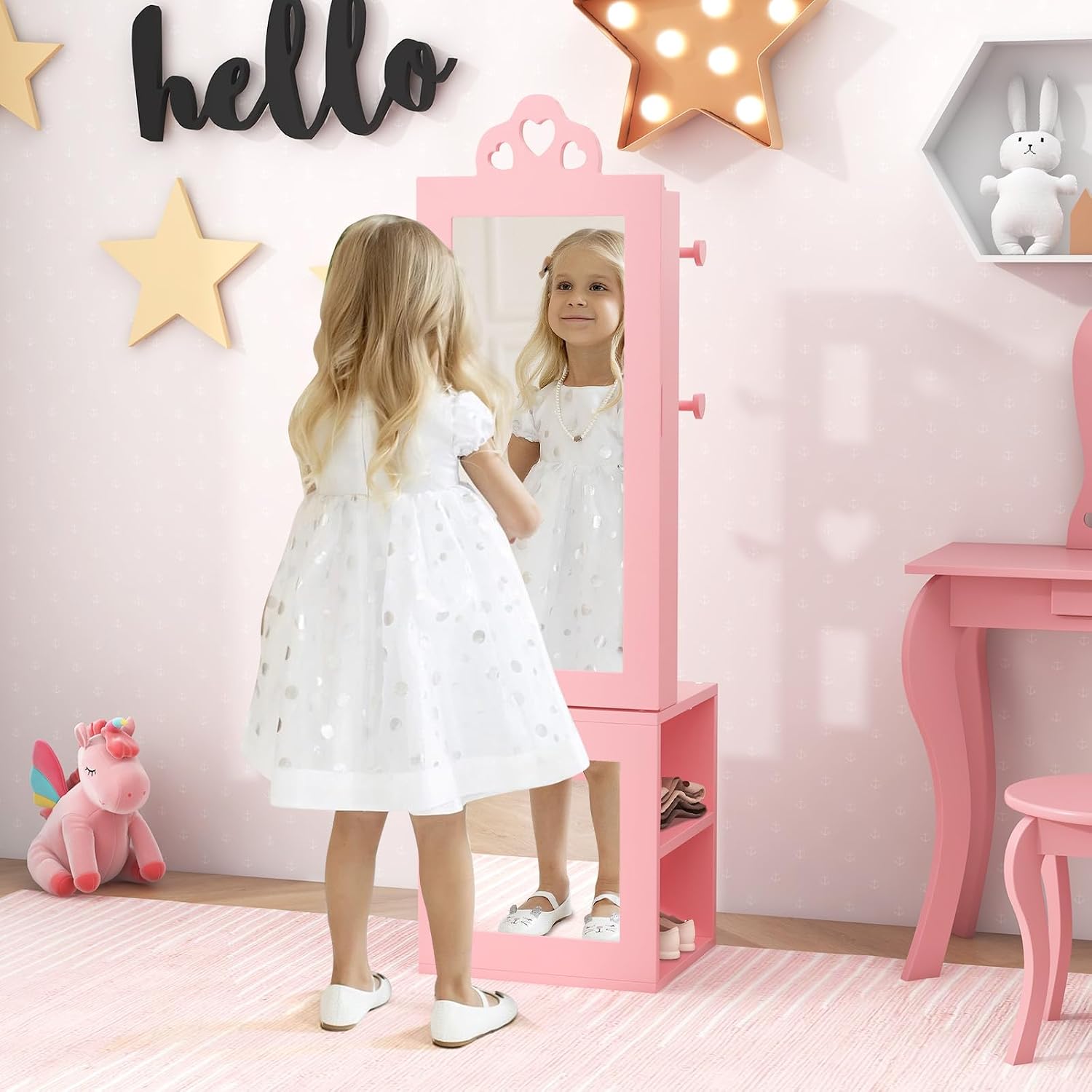 CHARMAID Kids Jewelry Cabinet Armoire, 47" Full Length Mirror, Coat Rack, Back Storage Shelves, Standing Vanity Dressing Mirror for Girls, Kids Jewelry Organizer (Pink)