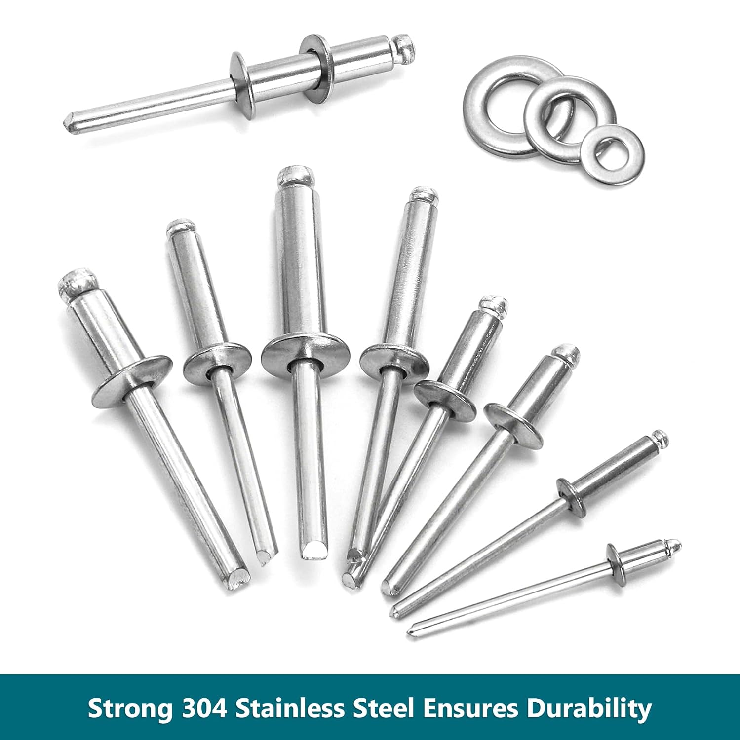 Elsjoy 450 Pieces 304 Stainless Steel Pop Rivets & Washers Assortment Kit, 1/8" 3/16" 1/4" Blind Rivet Set for Metal, Furniture, Automotive, Instruments