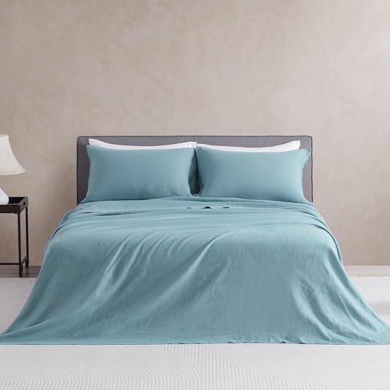 DAPU Pure Linen Sheets Set, 100% French Linen from Normandy, Breathable and Durable for Hot Sleepers, 4 Pcs Set - 1 Flat Sheet, 1 Fitted Sheet, 2 Pillowcases (Ocean, Queen)
