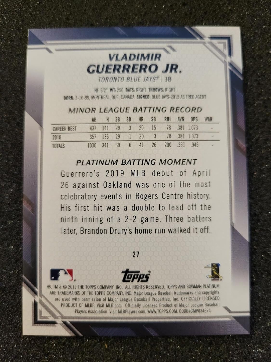 Vladimir Guerrero Jr. 2019 BOWMAN PLATINUM PURPLE ROOKIE #27 TORONTO BLUE JAYS! - Baseball Slabbed Rookie Cards
