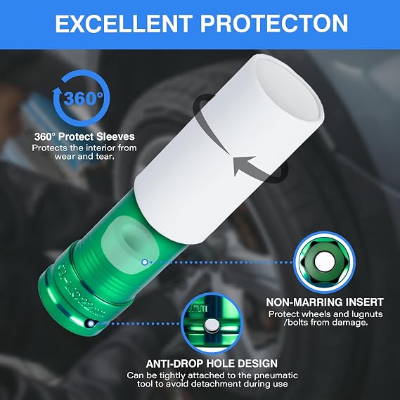 1/2 Drive Wheel Protector Impact Socket, Non-Marring Lug Nut Thin Wall Deep Socket Set, CR-MO, 6 Point, Color-Coded Protective Socket | Metric 17 19 21 22 mm (4 PCS)