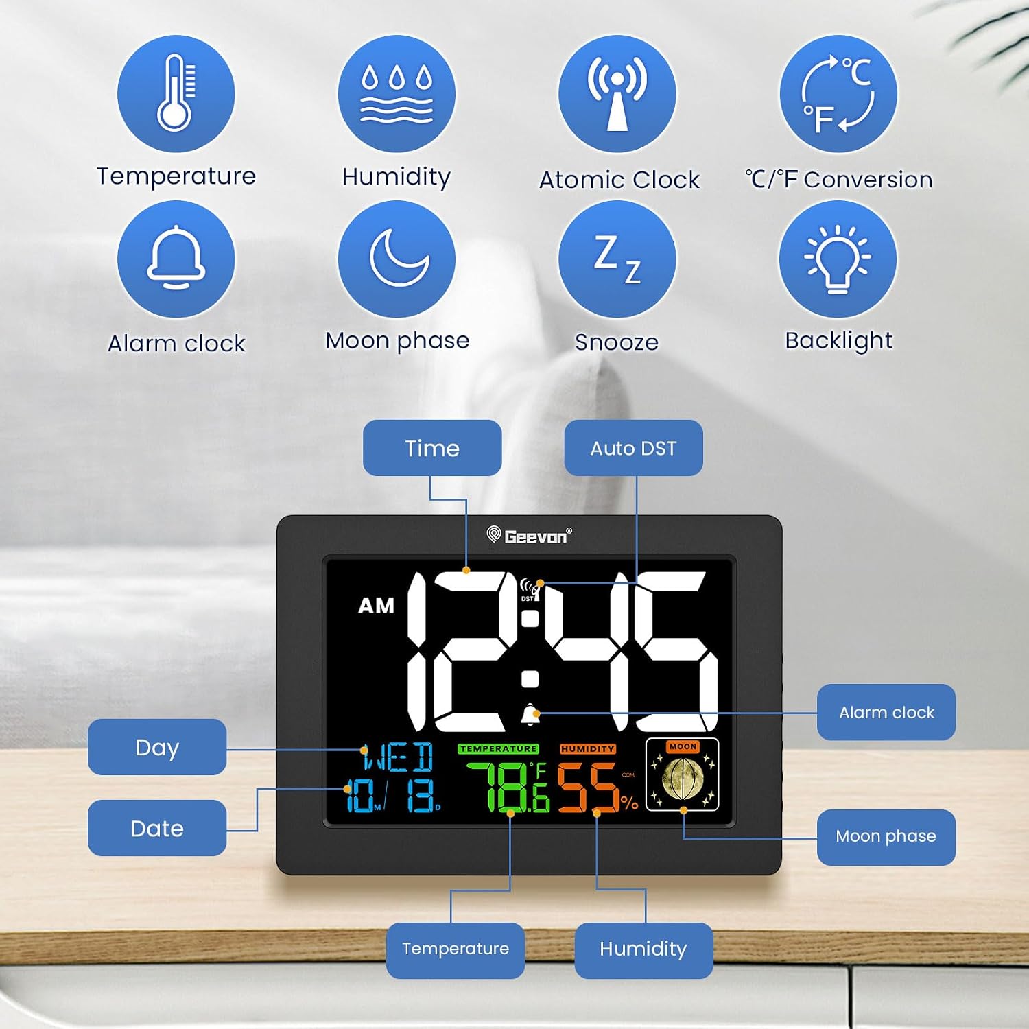 Geevon Atomic Clock 5.9" Color Display with Temp & Humidity | Digital Wall Clock Self-Setting,Moon Phase,Battery or DC Adapter Powered,Large Display for Bedroom Living Room Office