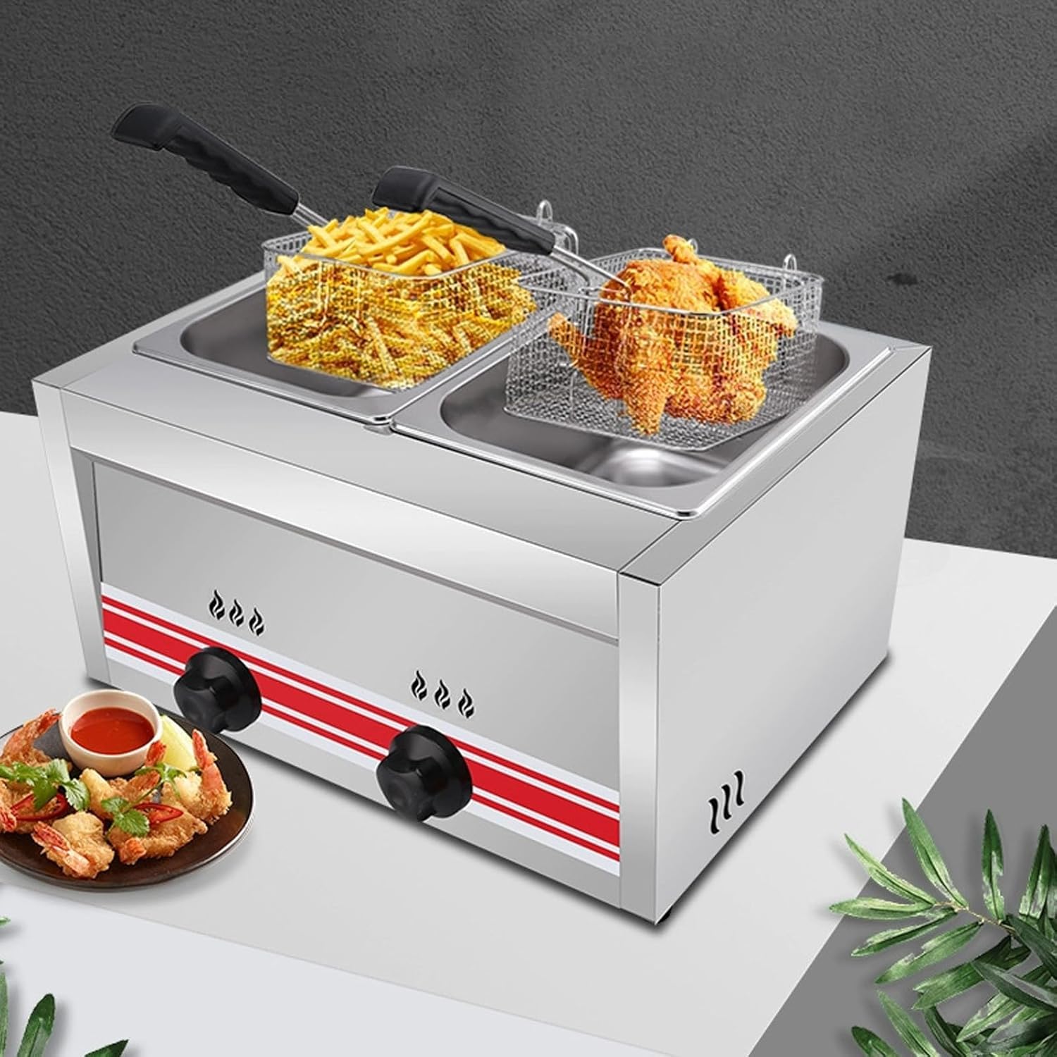 Friggitrice a Gas Professionale, Friggitrice Commerciale da Banco in Acciaio Inossidabile con Cestello e Coperchio, Friggitrice da Esterno, Capacità 10L/20L/30L