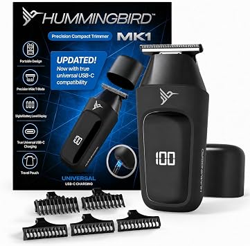 HUMMINGBIRD MK1 Compact Trimmer Portable Electric Beard & Body Hair Trimmer for Men, Cordless USB-C Rechargeable, Face & Body Groomer, Travel Shaver, Travel Pouch, Great Gifts for Men, Dad, Husband