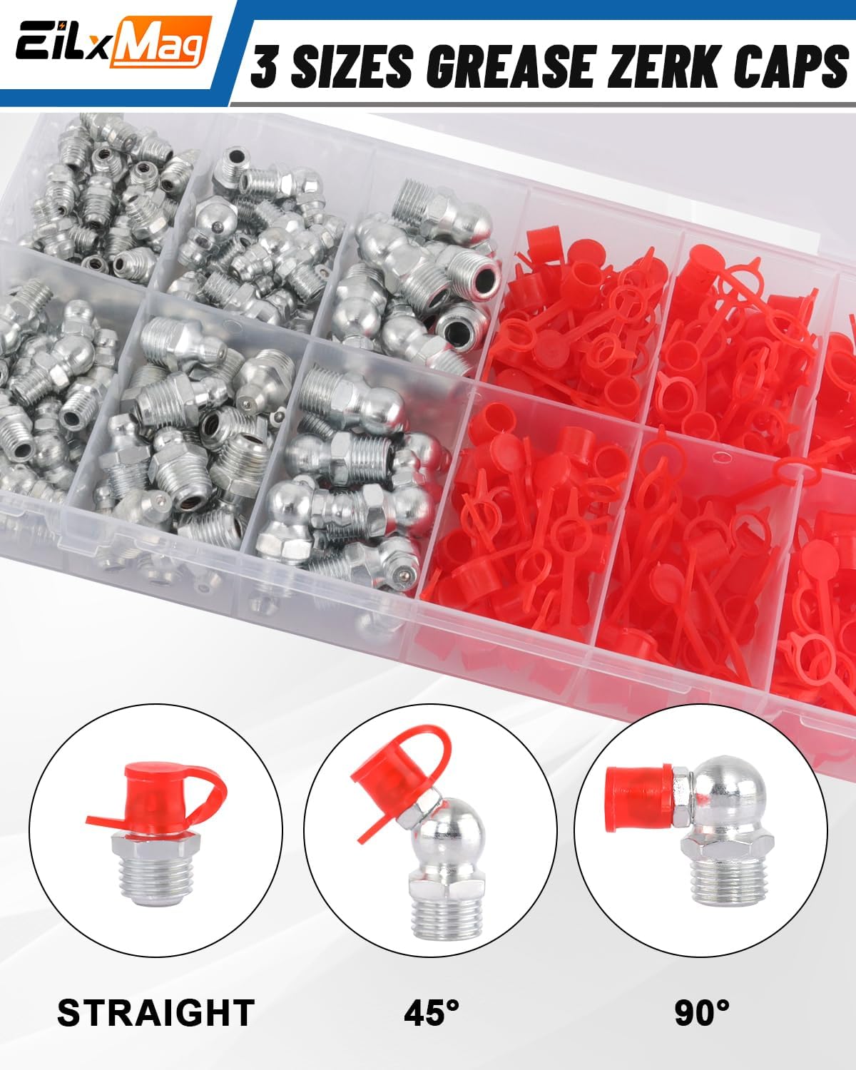 435PCS Grease Fittings Assortment, SAE & Metric Hydraulic Grease Zerk Assortment Kit, 1/4 1/8 M6 M8 M10 with Straight 45° 90° Zerk Grease Fittings with Grease Fitting Caps and Wrench(7-11mm)