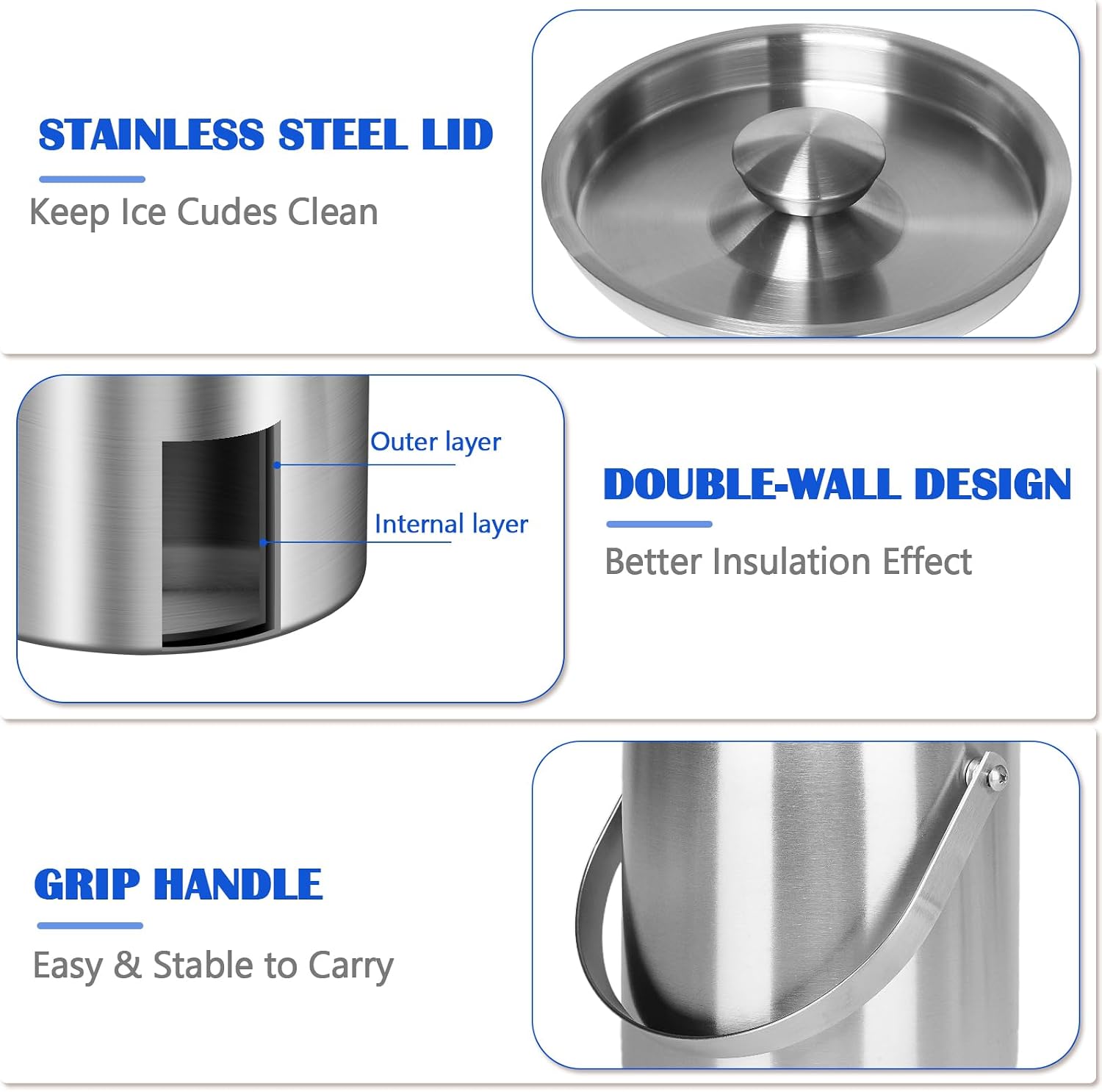 Ice Bucket with Lid & Tong- Well Made Insulated Stainless Steel Keep Ice Frozen Longer - Ideal for Cocktail Bar, Parties, Chilling Wine, Champagne - 2 Liter (Stainless Steel)