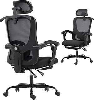 HOMCOM Ergonomic Office Chair Adjustable Head Lumbar Support Black | Mesh Computer Chair, High Backrest, Tilt Function, Retractable Footrest
