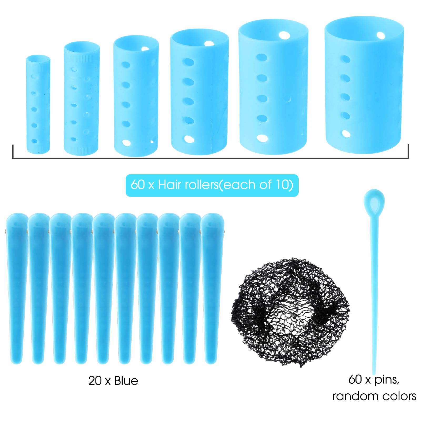 WILLBOND El juego de 141 rodillos para el cabello incluye 60 rodillos de plástico para el pelo (azul, 6 tamaños)