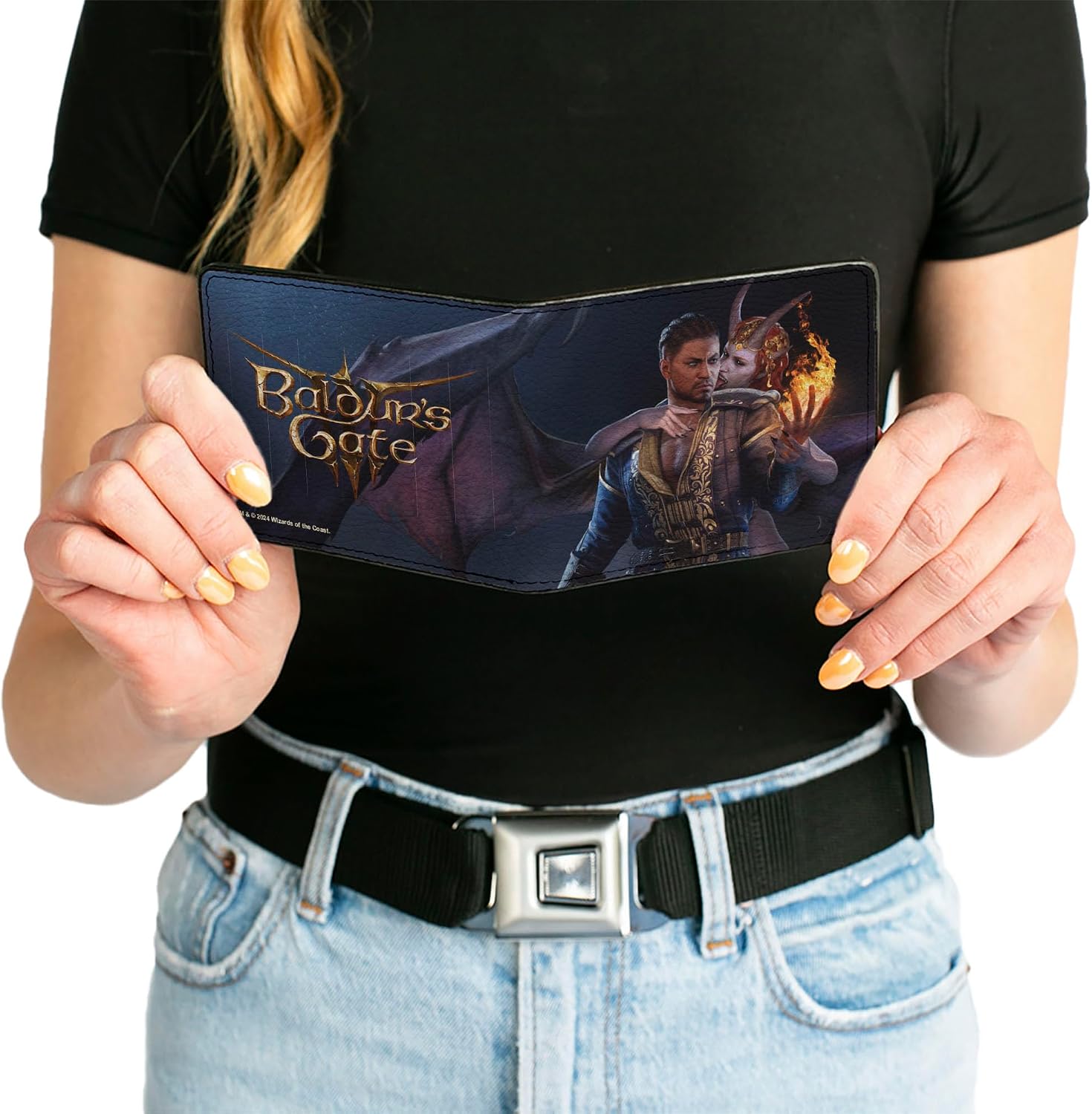 Buckle-Down Baldur's Gate III Wallet, Bifold, Baldurs Gate III Wyll and Mizora Flame Pose Scene and Logo, Vegan Leather