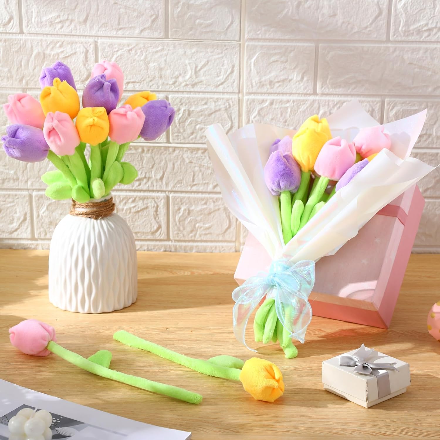 Daifunli 24 Pcs Tulips Flowers Stuffed Tulips Flower Bendable Stems Bouquet Soft Rose Flower 12. 6 Inch Plant Soft Bouquet for Wedding Marriage Women
