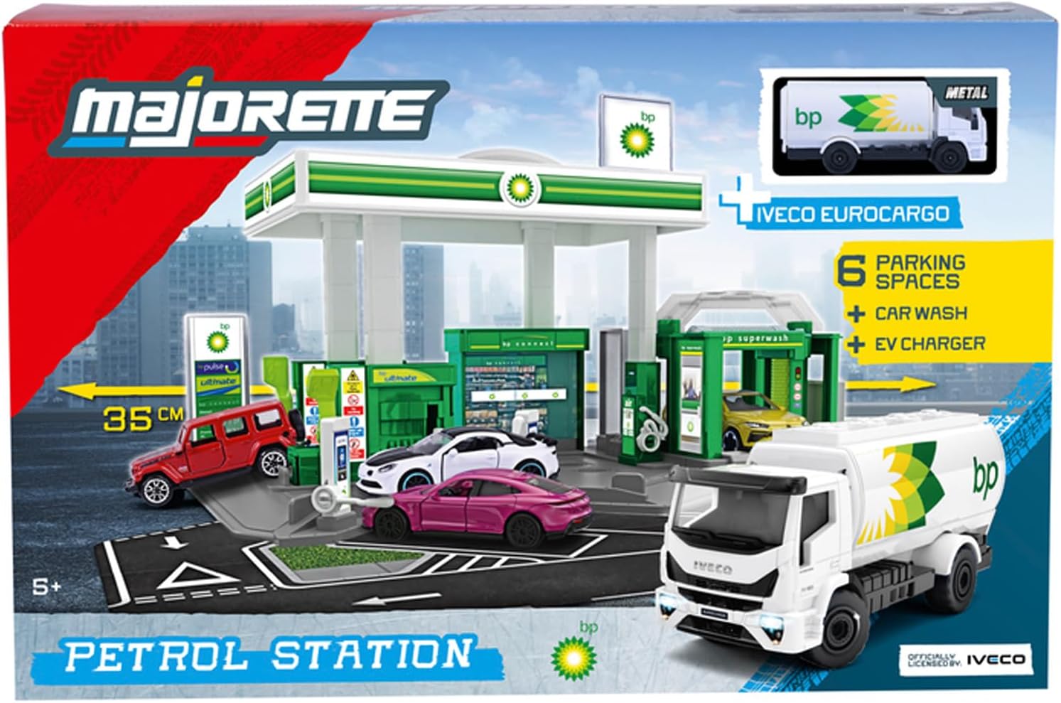 Majorette Petrol Station BP (incl. Toy car) - Toy Petrol Station with car wash, Shop, Petrol and Charging Stations and Many Functions, car Play Set for Children from 5 Years, 17 x 28 x 10 cm