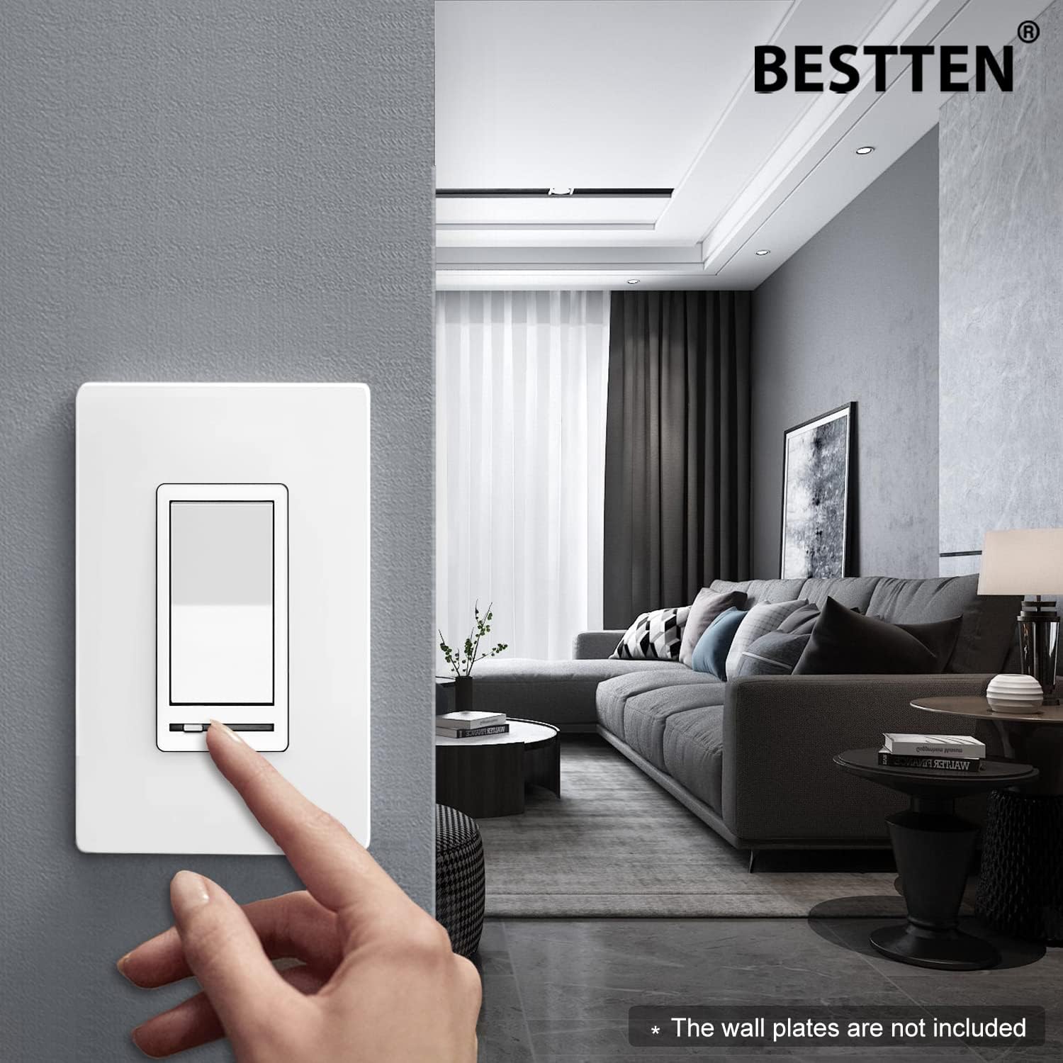 [10 Pack] BESTTEN Dimmer Wall Light Switch, Single Pole or 3-Way, Compatible with Dimmable LED, CFL, Incandescent and Halogen Bulb, 120VAC, UL Listed