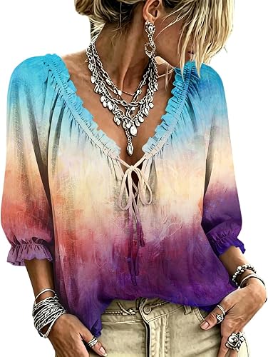 Womens Boho Summer Tops Lace Up V Neck Ruffle 3/4 Sleeve Shi