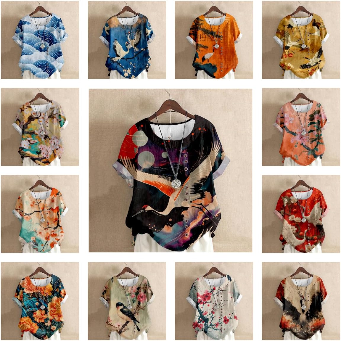 Womens Linen Tops Summer Japanese Art Print Loose Short Sleeve Crewneck Shirts Floral Fashion Casual Blouses - Image 5