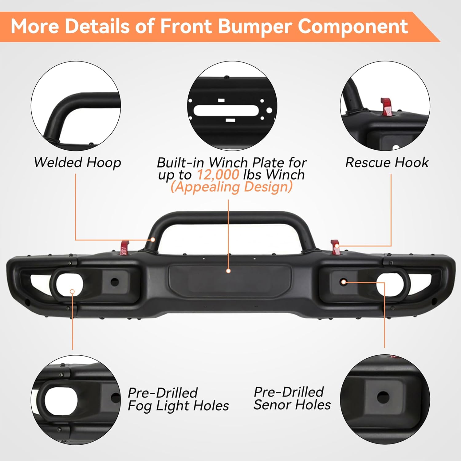 Front Bumper Fits for Jeep Wrangler JL 2018-2025 & Jeep Gladiator JT 10th Anniversary Style 2020-2025, Off Road Carbon Steel Bumper with Sensor Holes, Build-in Winch Plate, Bull Bar, Rescue Hook