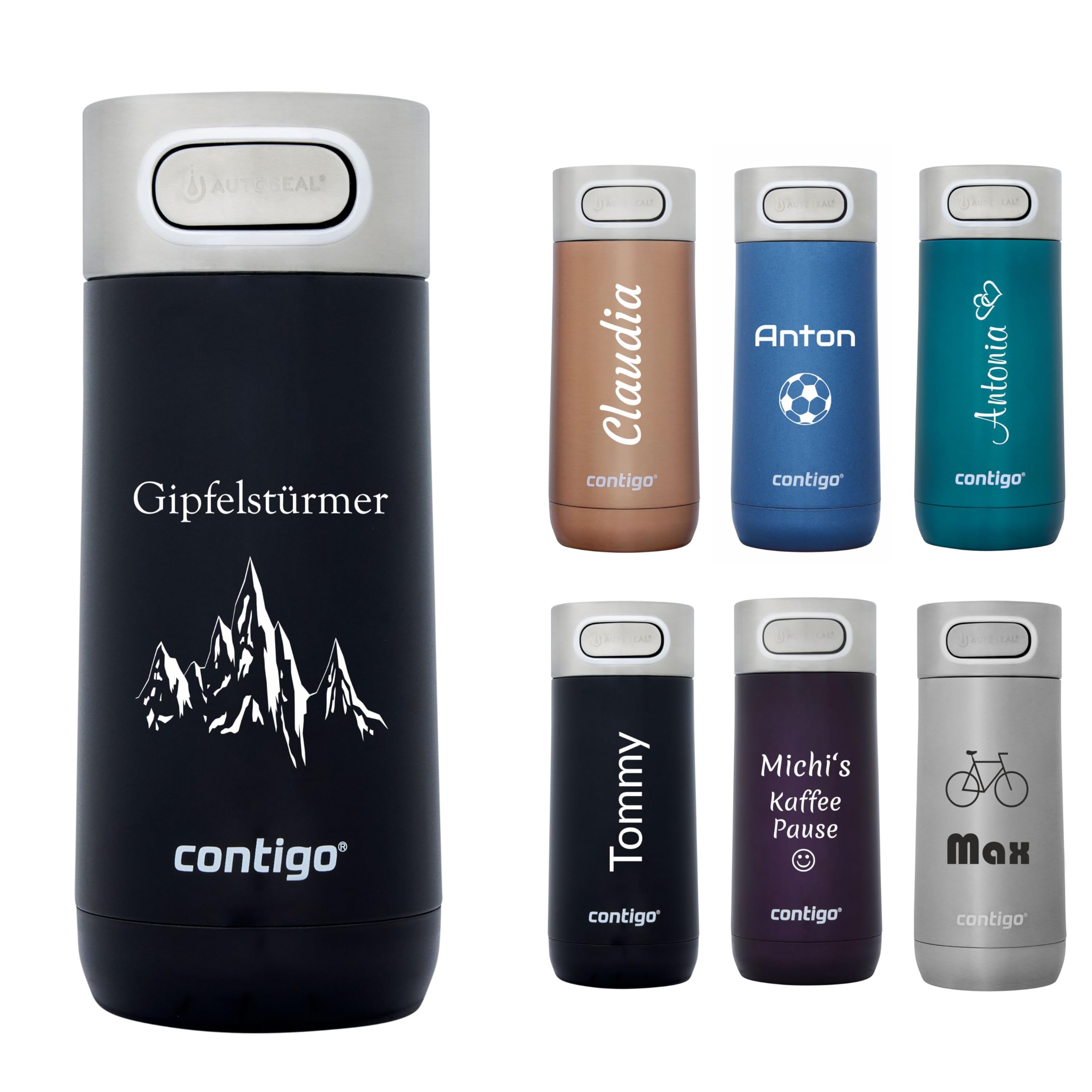 Contigo Thermobecher Luxe Autoseal mit Gravur - Namen Edelstahl Isolierbecher, Reisebecher, Kaffeebecher to Go, auslaufsicher, Easy-Clean-Deckel BPA-frei 360 ml (Biscay Bay)