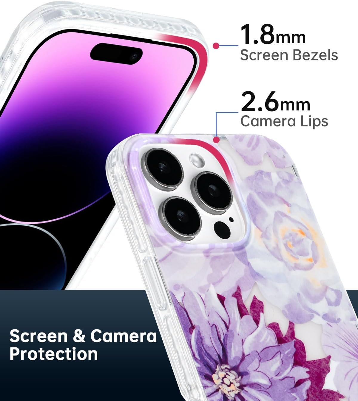 SCORPIFY for iPhone 16 Pro Case [Compatible with MagSafe] with Purple Zinnia Floral Design, Cute Clear Magnetic Phone Cover for Women Girls, [10FT MIL-Grade Drop Protection] Slim Stylish Bumper