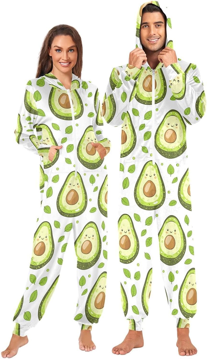 ZZKKO Cartoon Avocado Adult Onesie Pajamas for Women Men Cozy One Piece Pajamas Costume Zip-Up Hooded S-XL