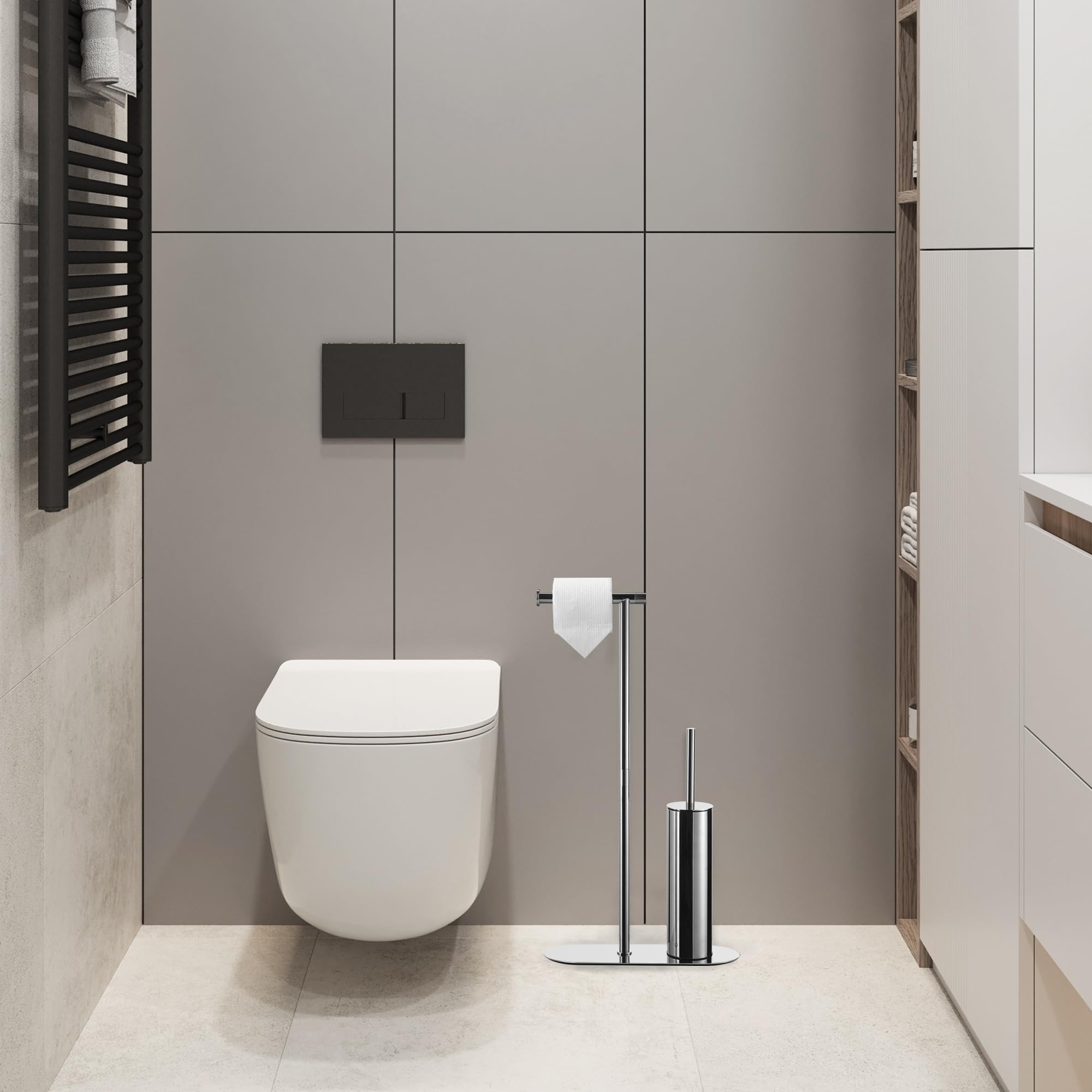 DAZI Portarrollos Papel higienico con escobilla WC Acero Inoxidable – escobillero y portarrollos baño Acabado Cromado, 2 Cabezales Silicona y PP Ideal para baños de Invitados y aseos