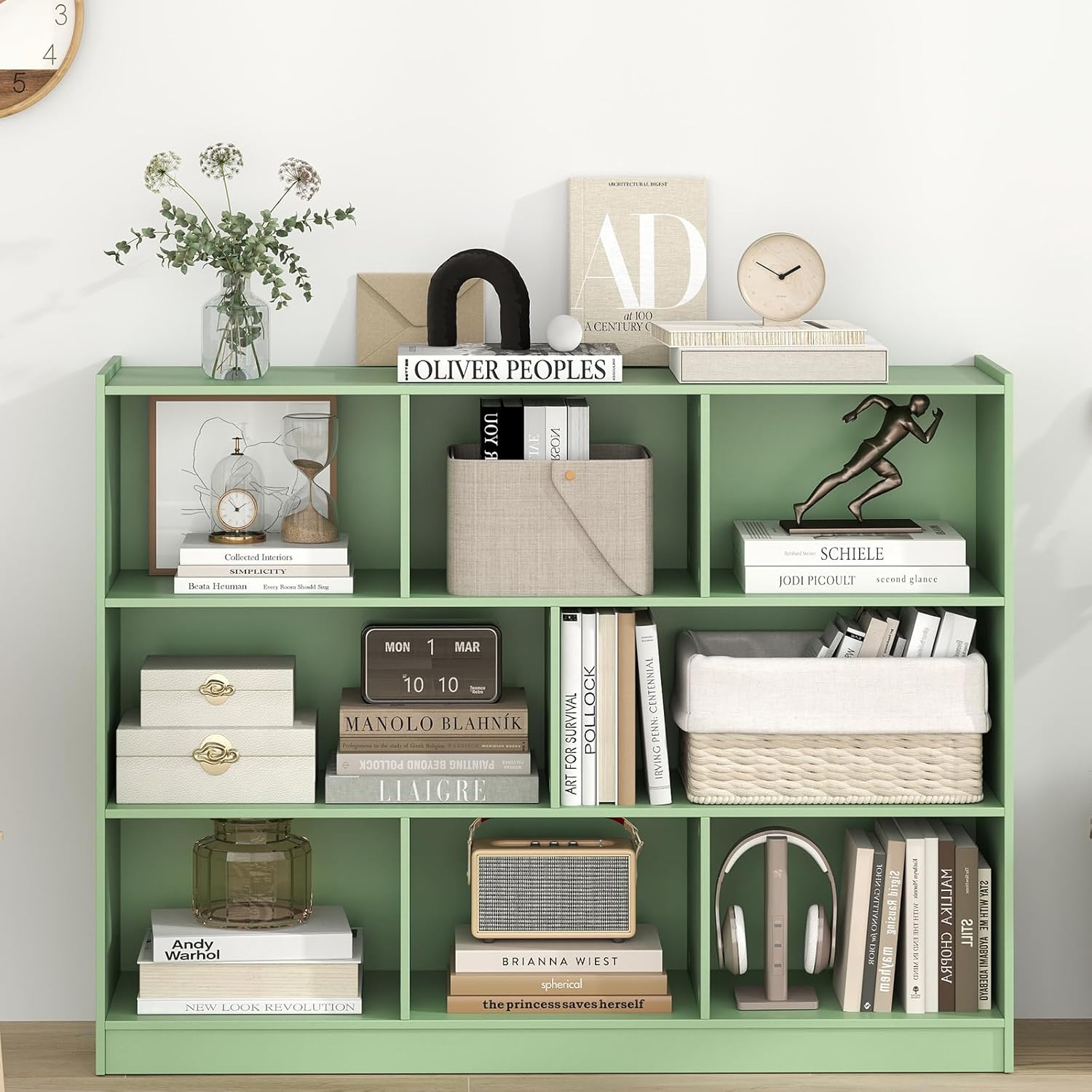 LDAILY 3-Tier Bookcase, 8 Cube Open Storage Bookshelf, Wood Display Cabinet, Storage Organizer for Living Room, Kitchen, Beauty Salon, Office and Kids Room, 48'' W x 12.5'' D x 36.5'' H (Green)