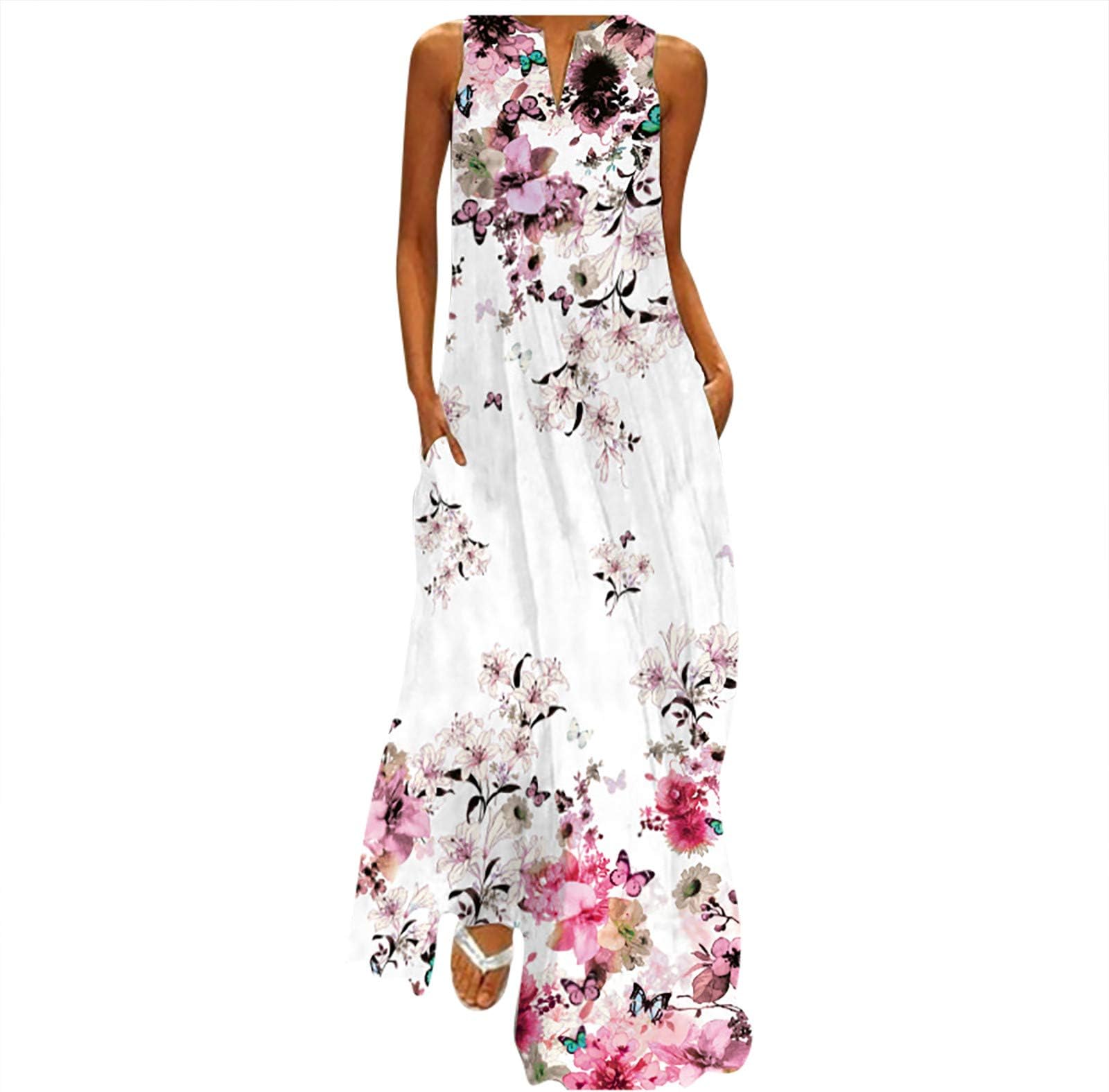 Women's Summer Sleeveless V Neck Loose Pot Butterfly Printed Maxi Dress Casual Long Dress with Pockets