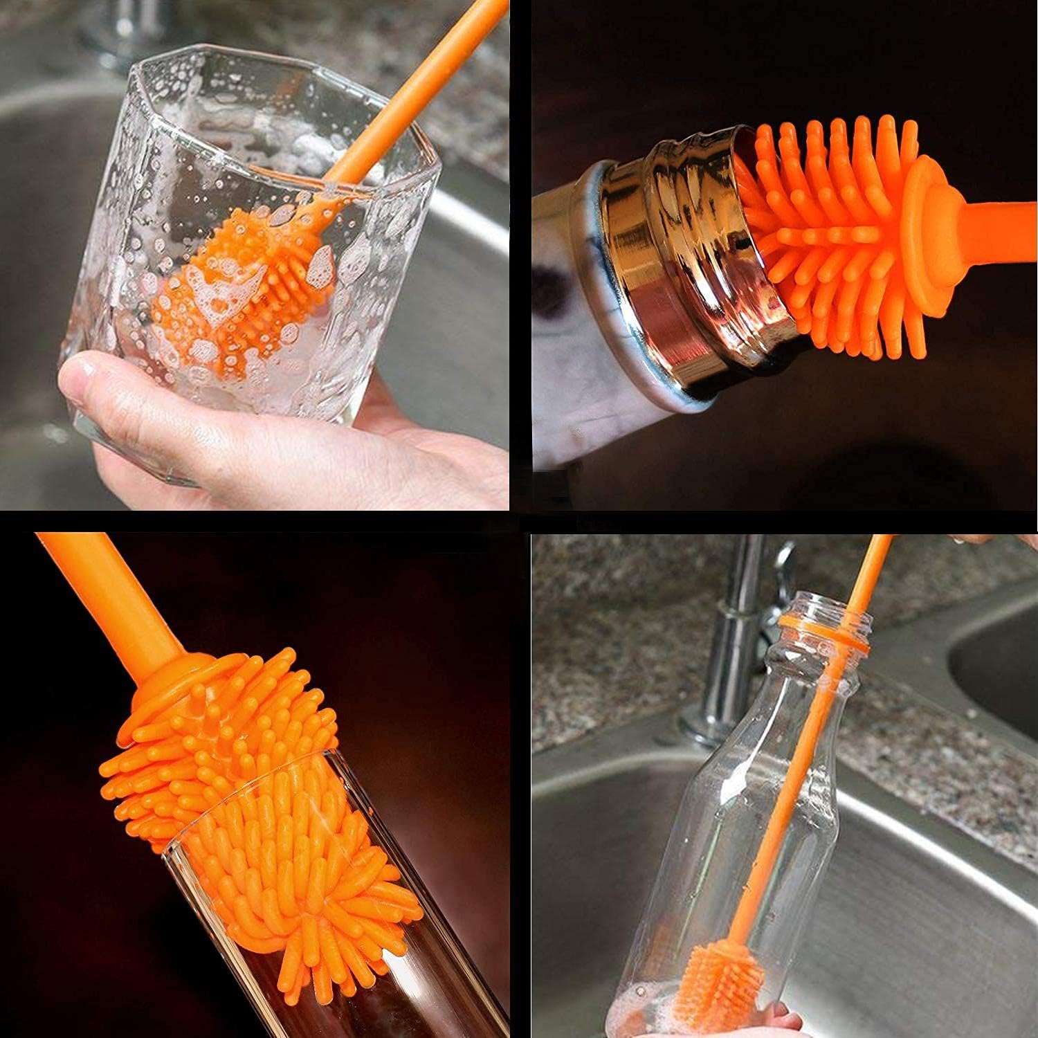 4 Pcs Silicone Bottle Washing Brush, Silicone Bottle Scrubber Brush Long Handle, Narrow Neck Bottle Brush, Small Silicone Dish Brush Silicone Scrubber Sponge for Dishes/Veggies Fruit/Glassware