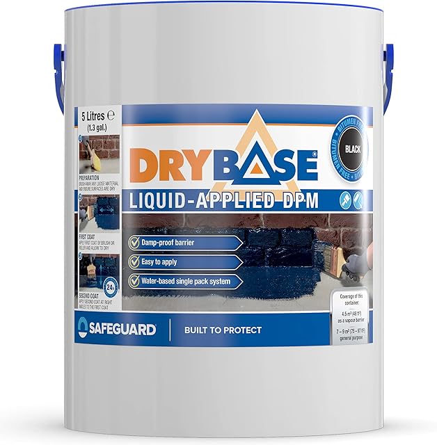 Drybase Liquid Damp Proof Membrane (5 Litre, Black) - Damp Proofing Paint for Interior & Exterior Walls and Floors. Waterproof Paint