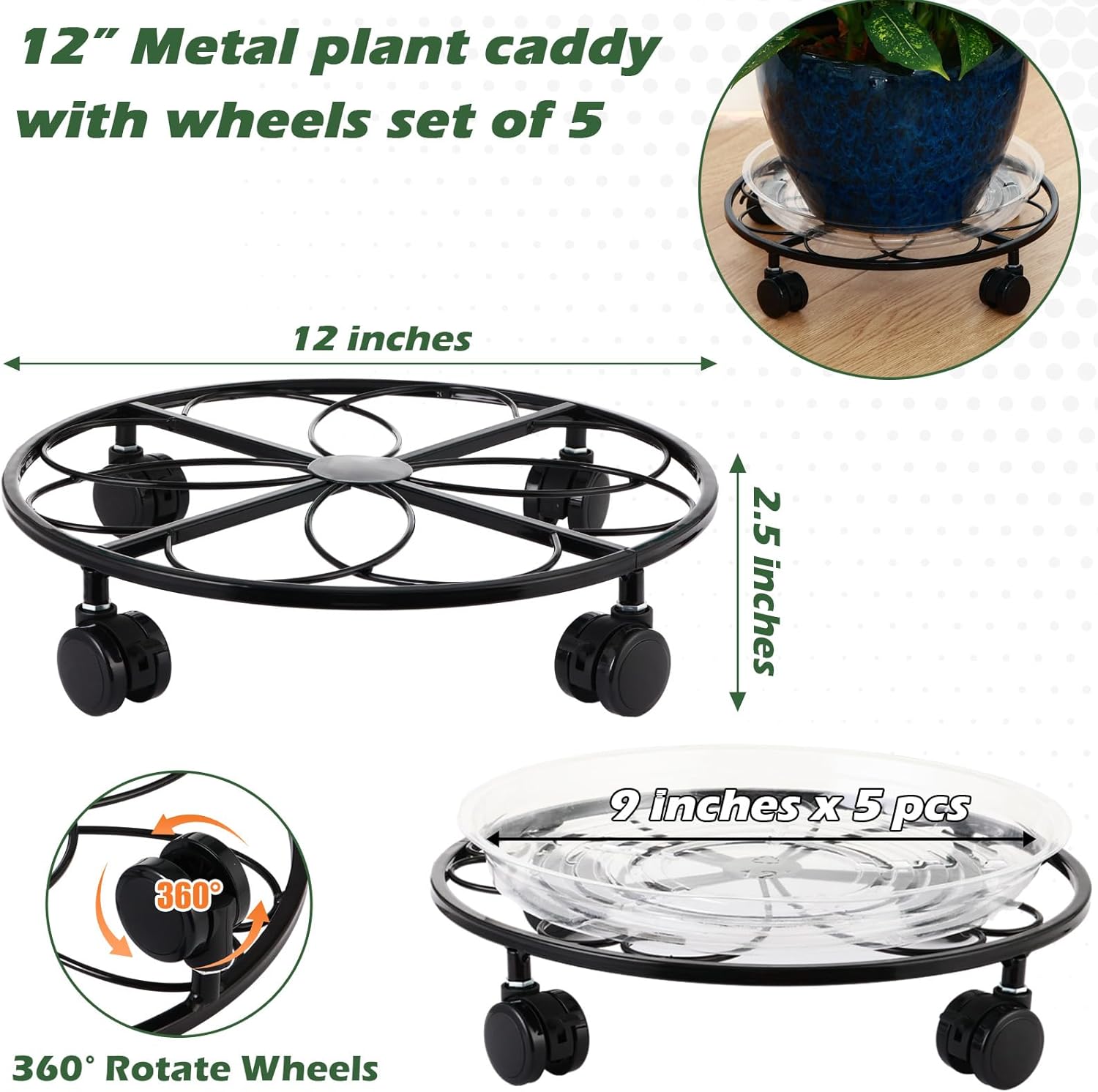 5 Packs 12 inches Metal Heart Plant Caddy with Wheels Large Rolling Plant Stands Rolling Plant Dolly Heavy-Duty Plant Roller Base Movers for Indoor and Outdoor