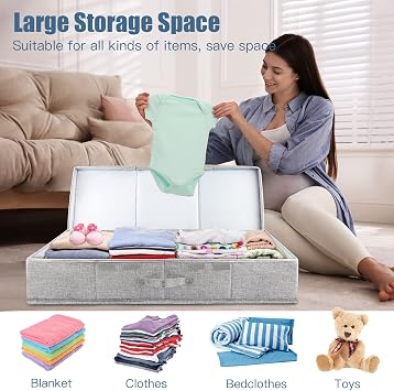 Supowin Underbed Storage Containers Bin with Lids (Set of 2) Large Under Bed Storage Organizer Box with Handle, Blankets, Pillows-Grey
