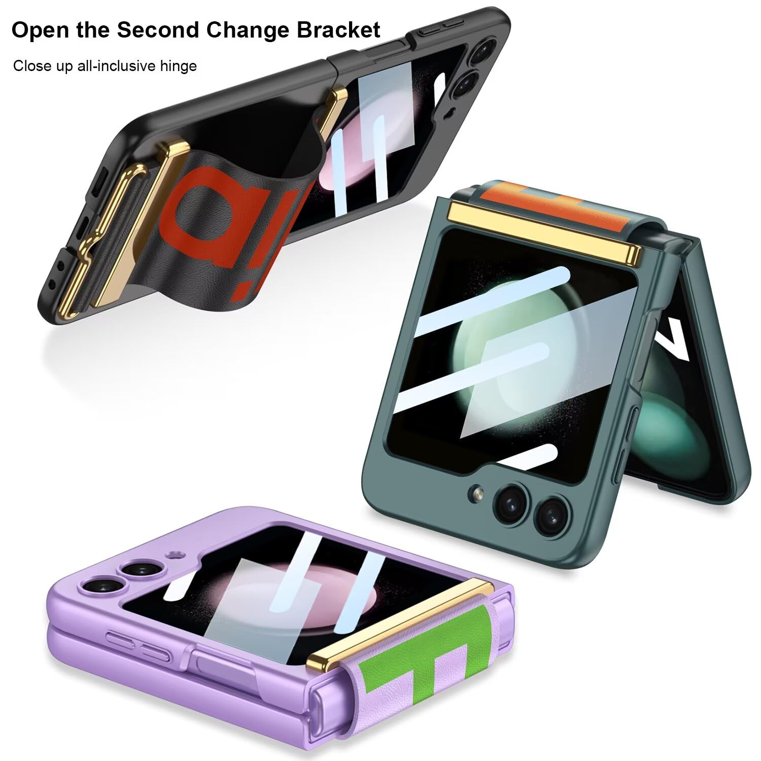 Jeelar ESONG Handyhülle für Samsung Galaxy Z Flip7 mit Leder-Armbandhalter,Ultradünne Handschlaufe Hart Schutzhülle mit Ständer,PC Kratzfest Stoßfest Case mit Displayschutzfolie/Scharnierschutz-Lila