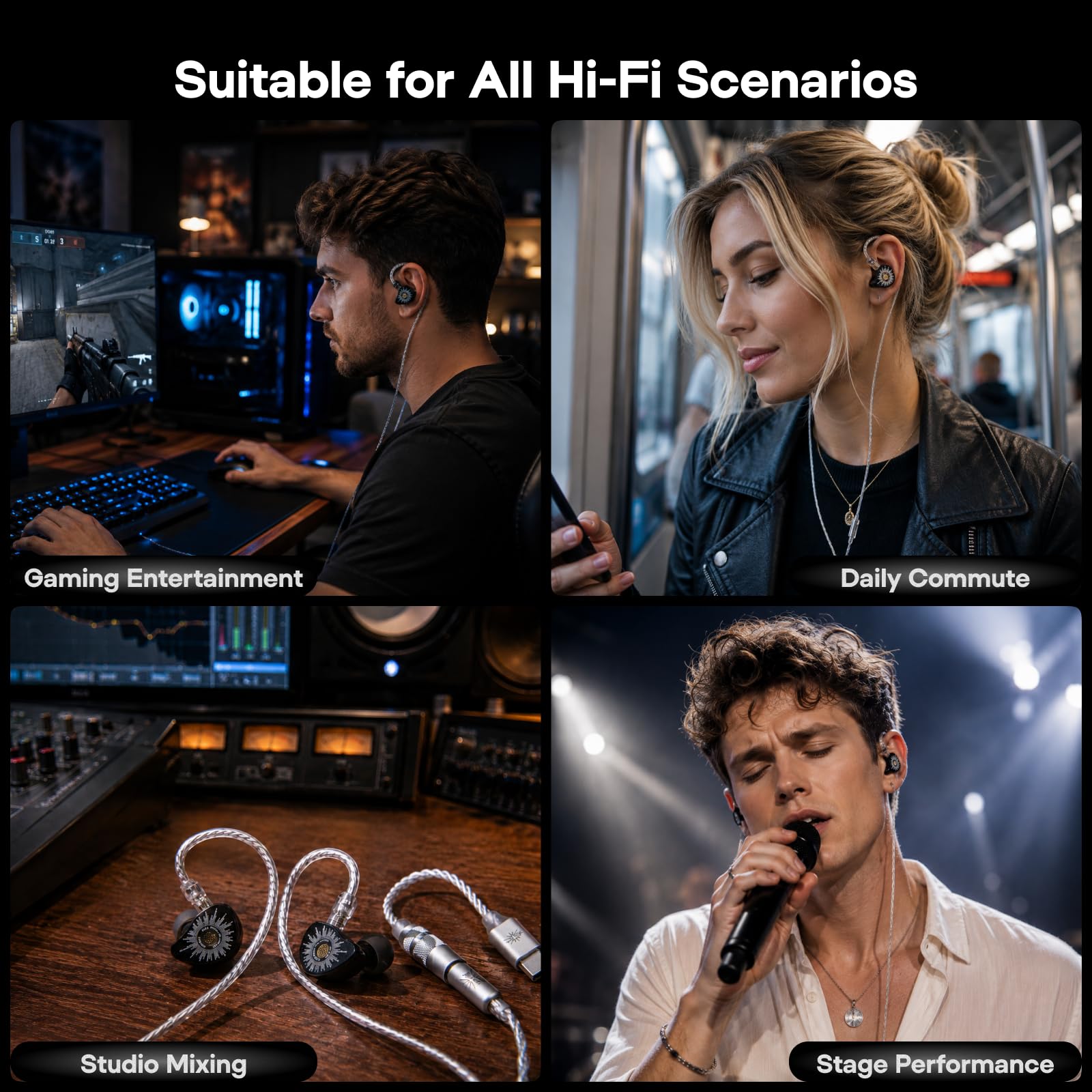 Kiwi Ears x B_Media Chorus In-Ear-Monitor, DLC-Membran Dynamic Driver IEM, mit CNC-Metallblende, kabelgebundene Ohrhörer mit doppeltem versilbertem Kabel für Musiker (1, Schwarz, 3,5 mm