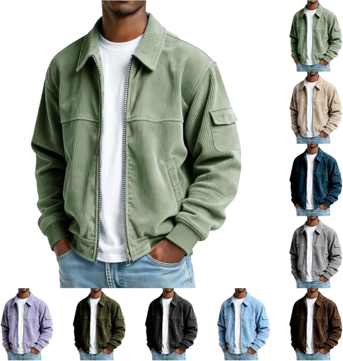 Bacrealx Corduroy Jacket Men,Casual Light Zip Up Trucker Jacket Bomber Collared Long Sleeve Fall Winter Coats Multi Pockets