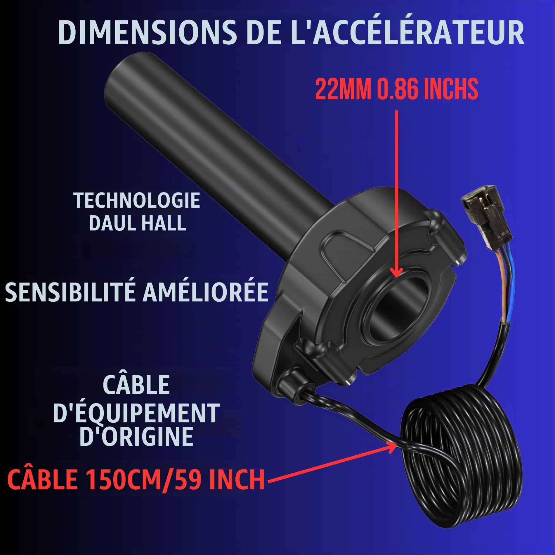 Accélérateur complet pour vélo électrique - Poignées gaufrées noires - Convient pour 3 broches SM JST - Pour vélo électrique Surron, motocross 12 V, 24 V, 36 V, 48 V, 52 V, 60 V, 72 V