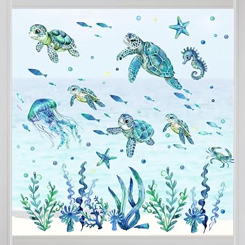 Yovkky Spring Summer Under The Sea Window Clings 4 Sheets, Ocean Life Turtle Jellyfish Seahorse Seaweed Stickers Decals Decor, Beach Coastal Starfish Crab Fish Bubble Home Kitchen Decorations