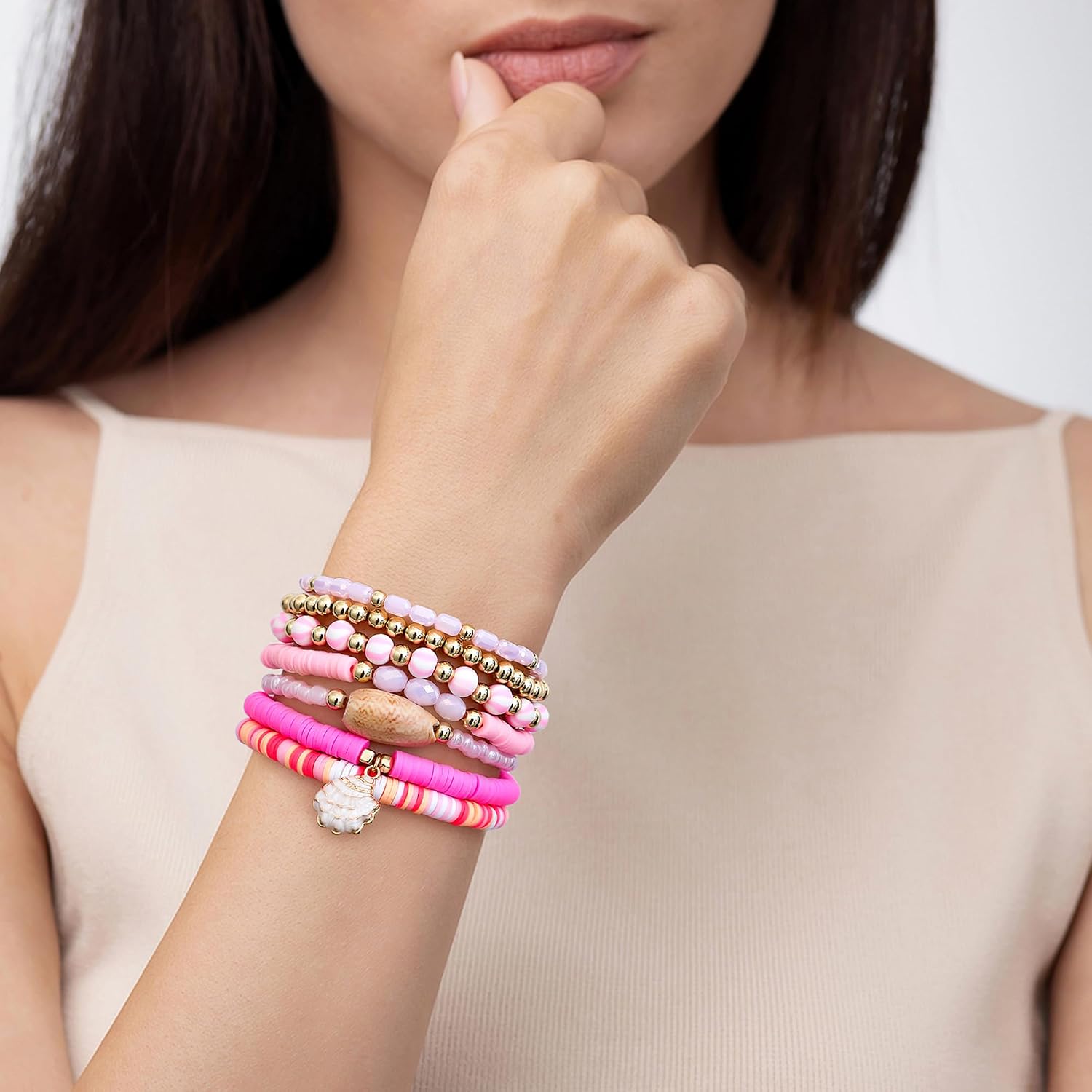 Summer Surfer Heishi Bracelet Set for Women Stackable Gold Plated Clay Ploymer Bead Stretch Pink Beach Layering Bracelets Jewelry image 5