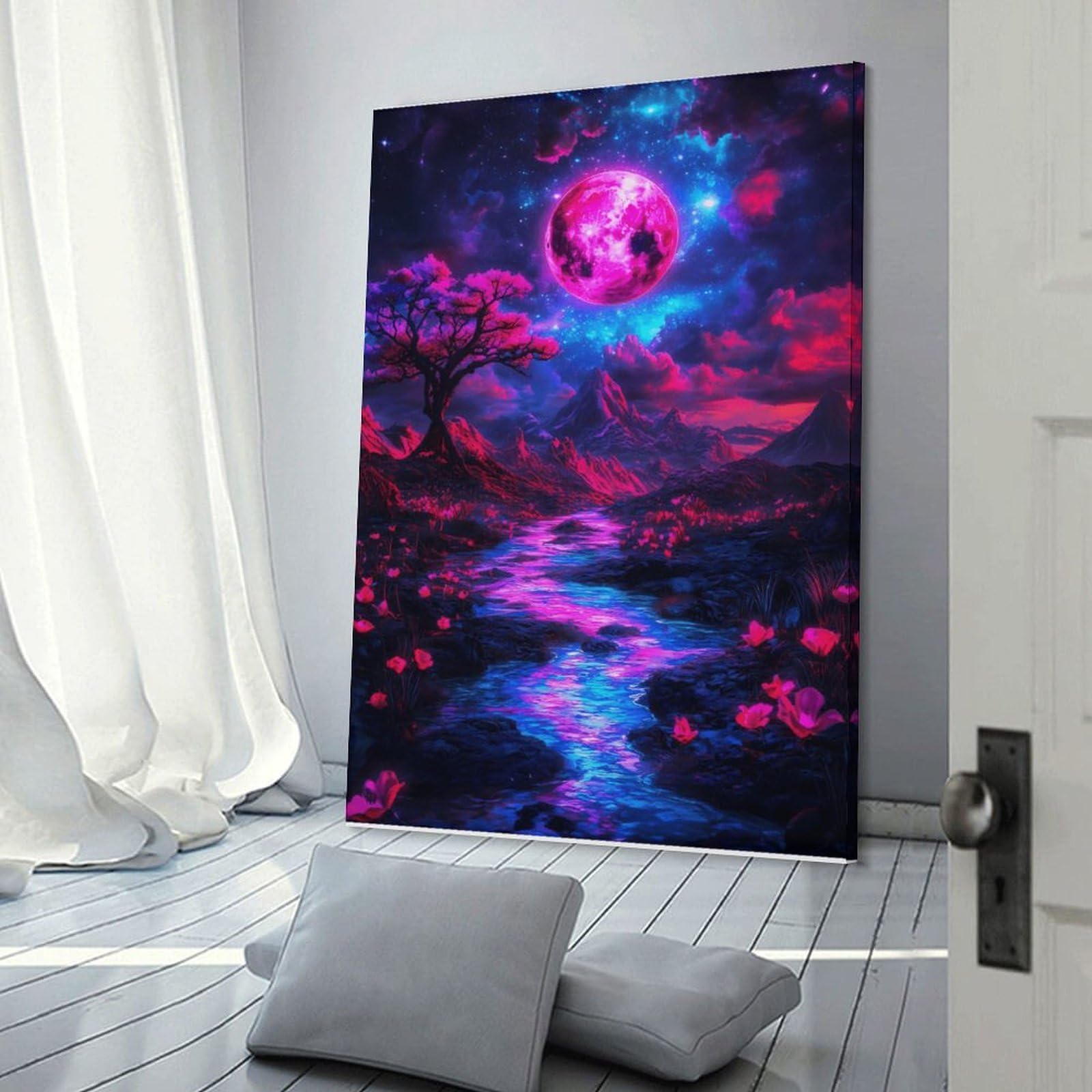 Junmoney Frame-Style-24 Canvas Wall Picture Fantasy Neon Landscape, 24X36inch(60X90cm), For Bedroom, Lounge Or Dressing Area, Stylish Decor For A Restful Room Update