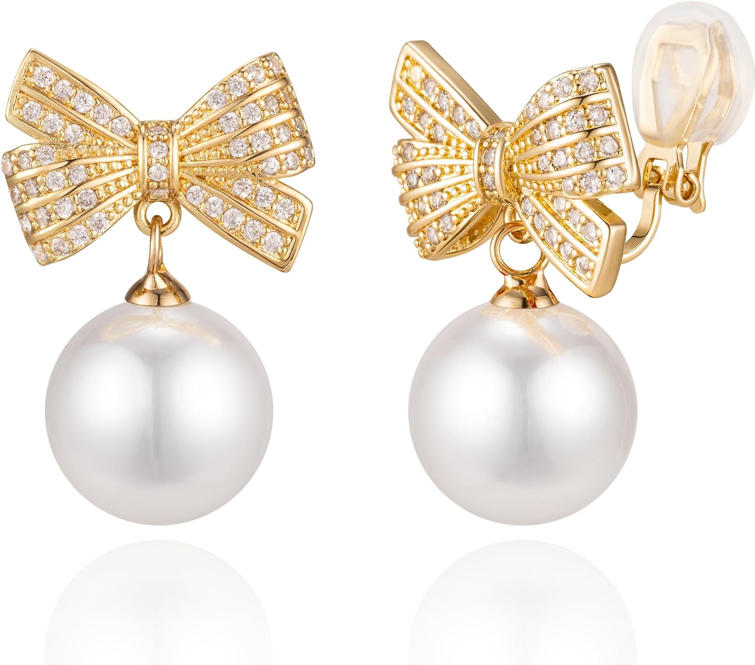 XGALBLA Christmas Earrings Womens Gifts Bow Clip on Earrings Cubic Zirconia Simulated Pearl Bow Clip on Earrings for Women Trendy Stuff Xmas Jewelry Stocking Stuffers Christmas Gifts