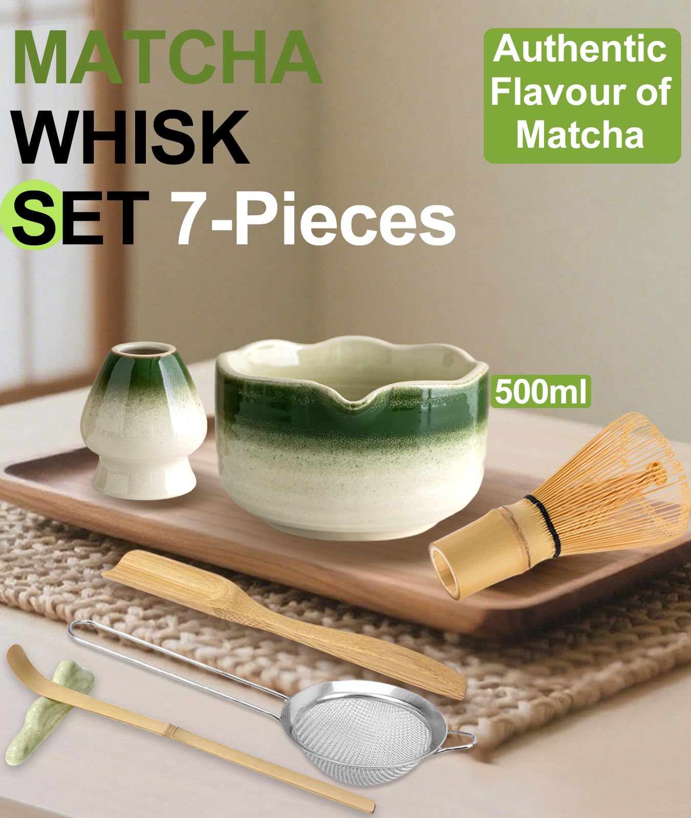 JBER Matcha Set, Matcha Whisk Set 7 Pcs, Bamboo Matcha Whisk, Ceramic Bowl with Spout & Whisk Holder, Sifter - Image 3