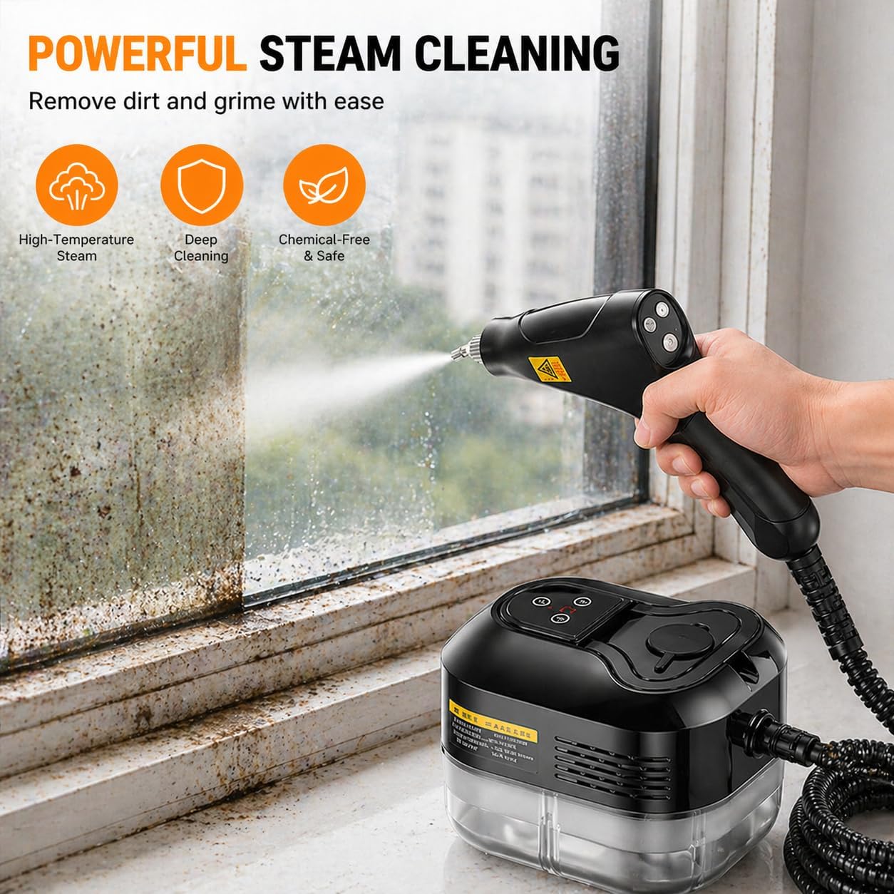 Handheld High-Temperature Pressurized Steam Cleaner, 2500W Portable Steamer with 6 Adjustable Levels, Multi-Surface Steam Cleaning Machine for Kitchen, Bathroom, Windows, Tile & Car Cleaning (Black)