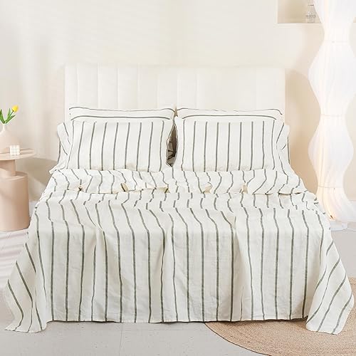 S VICTORY SYMBOL Juego de sábanas de 100 % lino teñido con rayas verticales verdes francesas naturales, juego de ropa de cama de lino lavado, tamaño disponible en Yaxa Peru